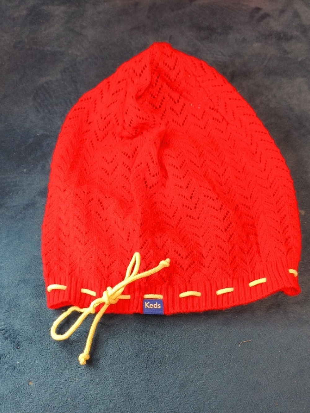 Keds Red Knit Beanie with Yellow Drawcord